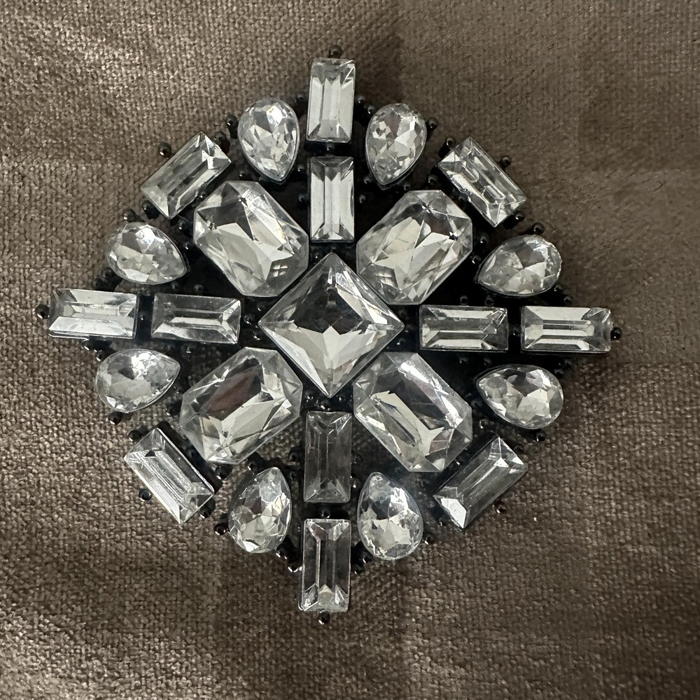Black Tone Clear Rhinestone Brooch Pin Large Geometric Crystal Statement Sparkle